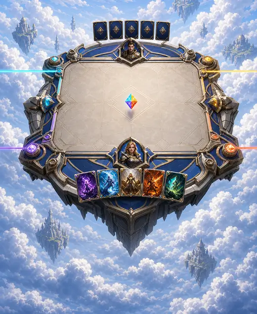 A tactical card battlefield above the clouds