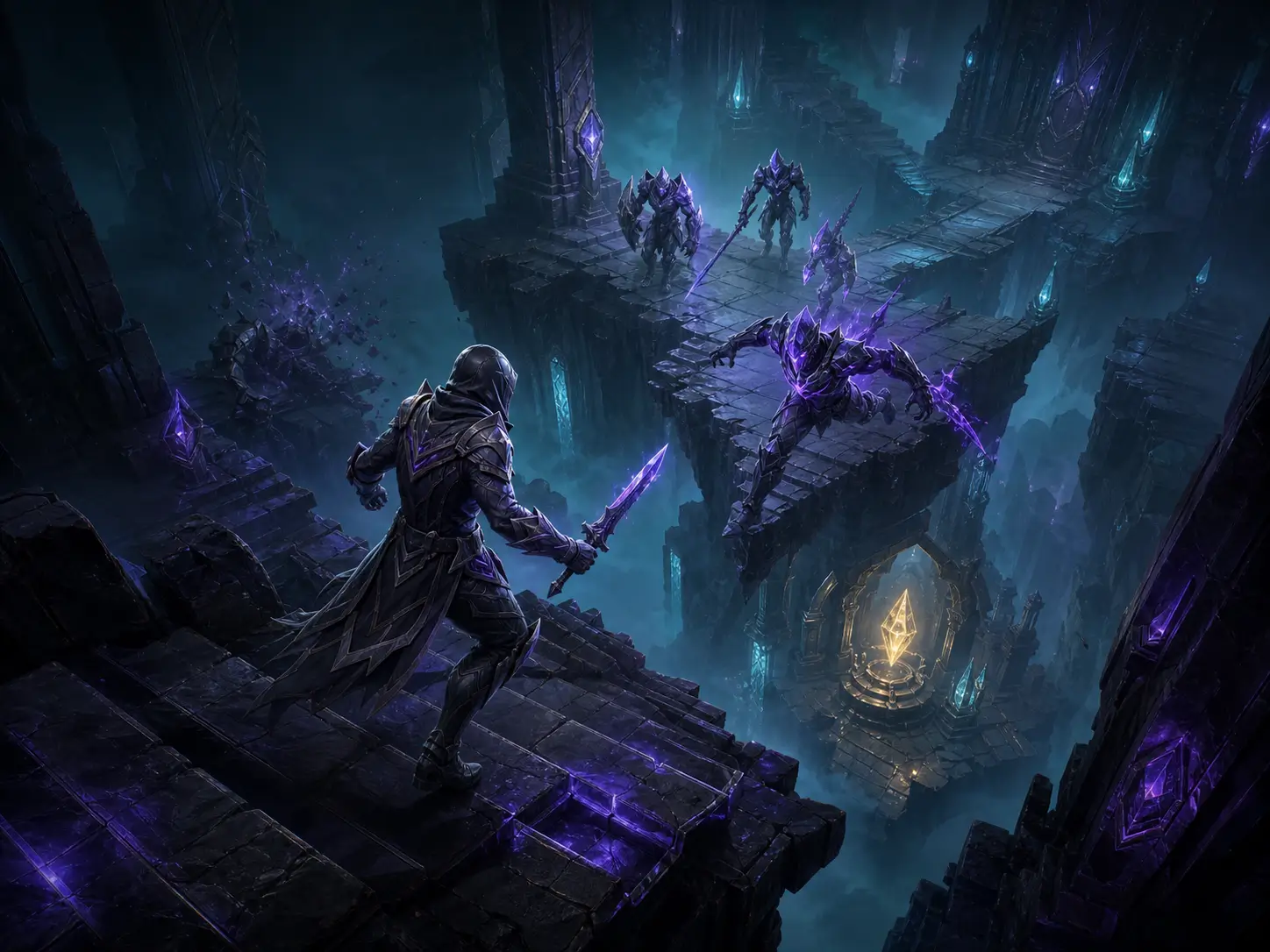 A Champion descending into a dark Rift dungeon