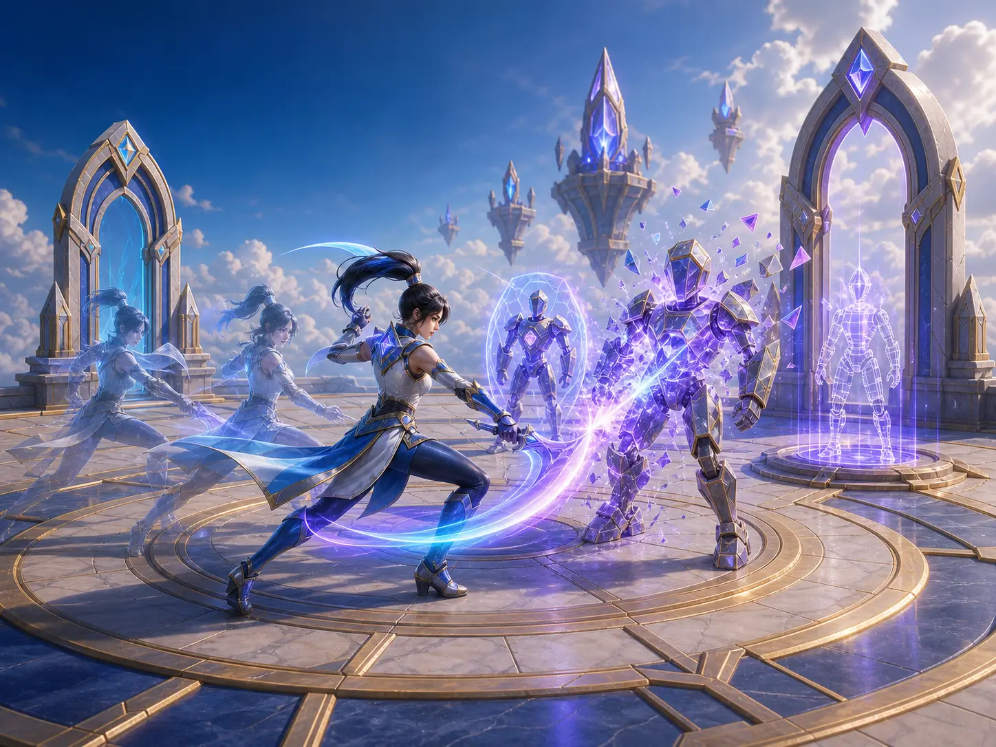 A Champion practising combat against magical training opponents